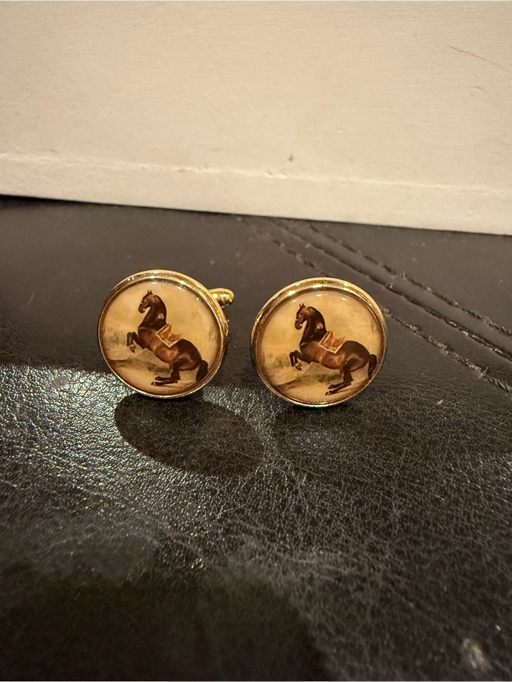 Gold-Tone Equestrian Horse Cufflinks - Brown/Beige